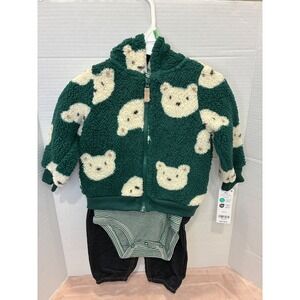 Carters 18m Baby Bear Sherpa Hoodie Bodysuit Pants Outfit Set Green White